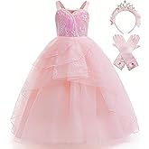 Glinda Costume Dress for Girls Pink Witch Halloween Cosplay Outfits With Crown and Gloves 4-14Y