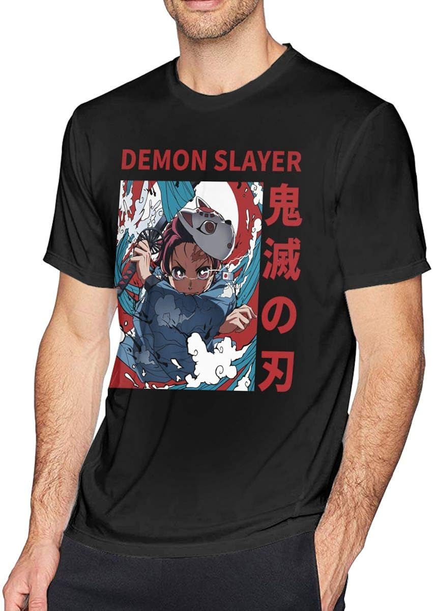 Mens 100 Cotton Anime Demon Slayer Tanjiro T Shirt Black
