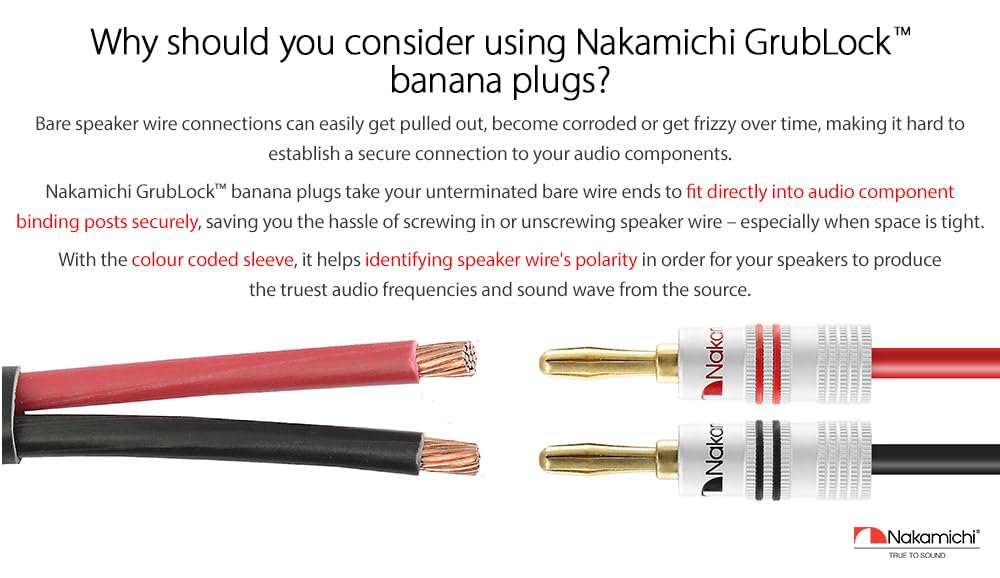 Nakamichi 24K vergoldeter Bananenstecker 12 AWG - 18 AWG Gauge Größe 4mm für Lautsprecher Verstärker Hi-Fi AV Receiver Stereo Heimkino Audiokabel Stecker schraubbar 4 Stück (2-Paare) 3