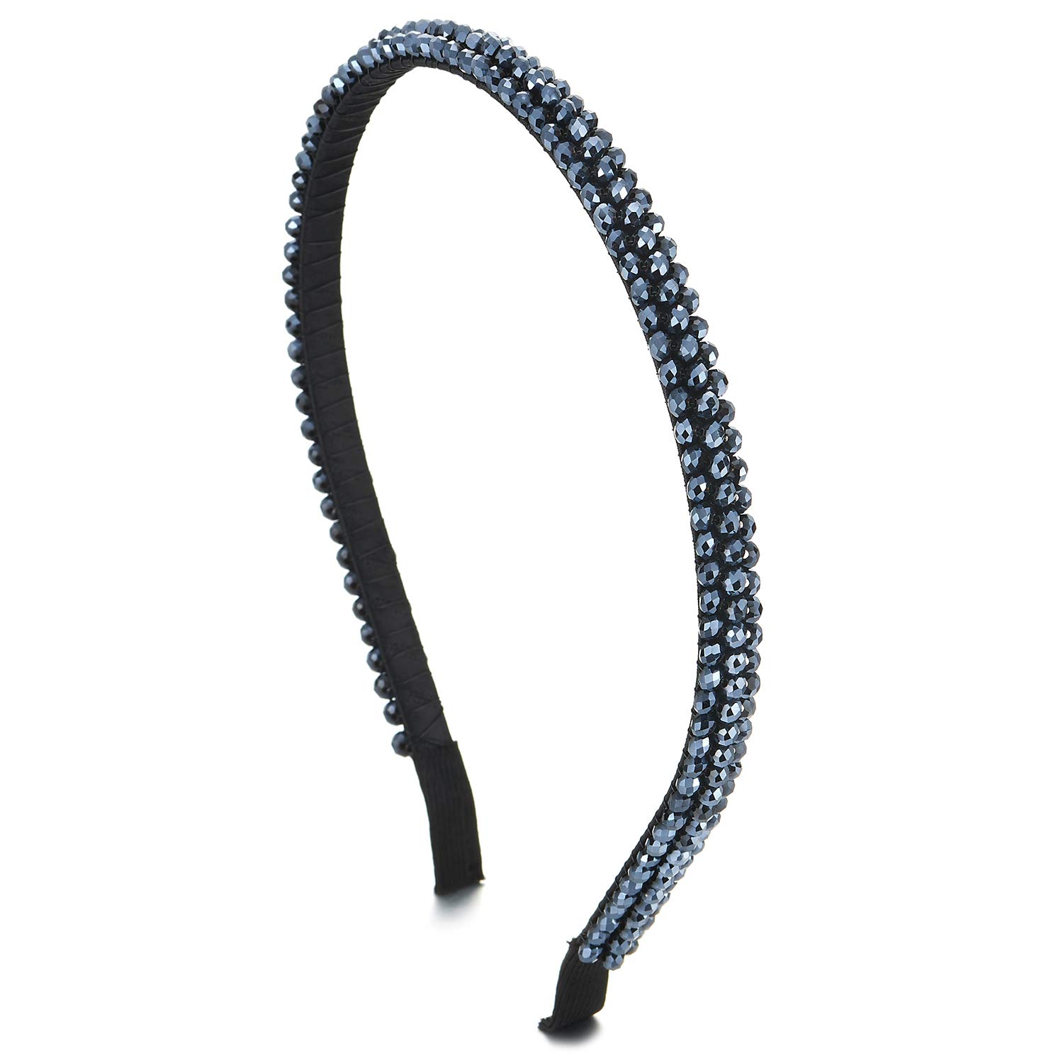 COOLSTEELANDBEYOND Elegant Three-Row Dark Blue Crystal Beads Chains Hair Crown Headband Hair Hoop Hairband Party