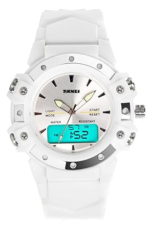 MASTOP Unisex Womens Analog 2 Time Zone Digital Led Stop Watch Quartz Waterproof Sporty Wrist - White