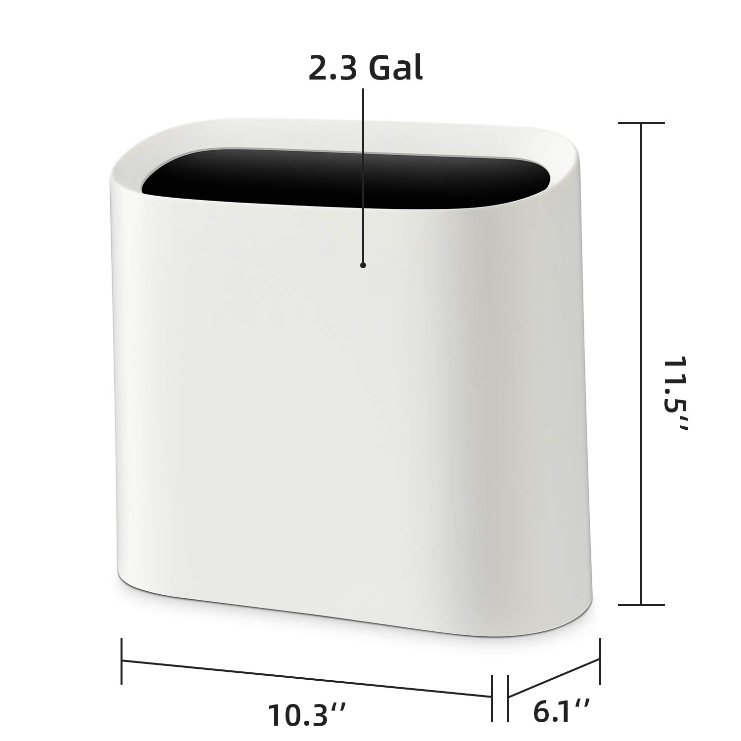 SUBEKYU 2.3 Gal Trash Can for Bathroom, Small Office Garbage Can for Kitchen, Slim Rectangular Waste Bin, Plastic, White