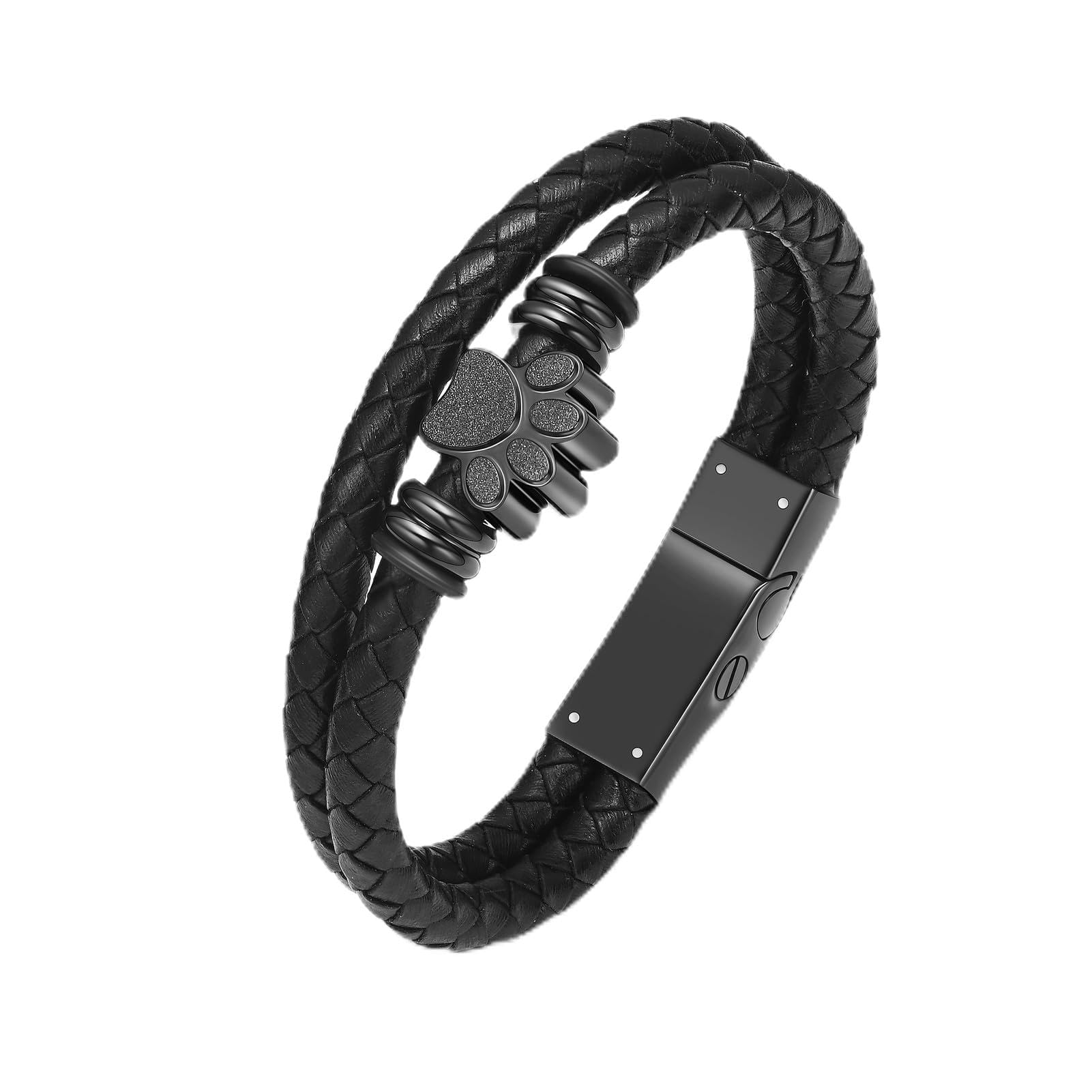 Dog Paw Urn Bracelet for Ashes Braided Leather Cremation Jewelry for Ashes for Dog Cat Keepsake Bangle