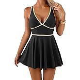 Aidonger Women's One Piece Skirt Swimsuit Color Block Tummy Control Swim Dress V Neck Slimming Bathing Suit