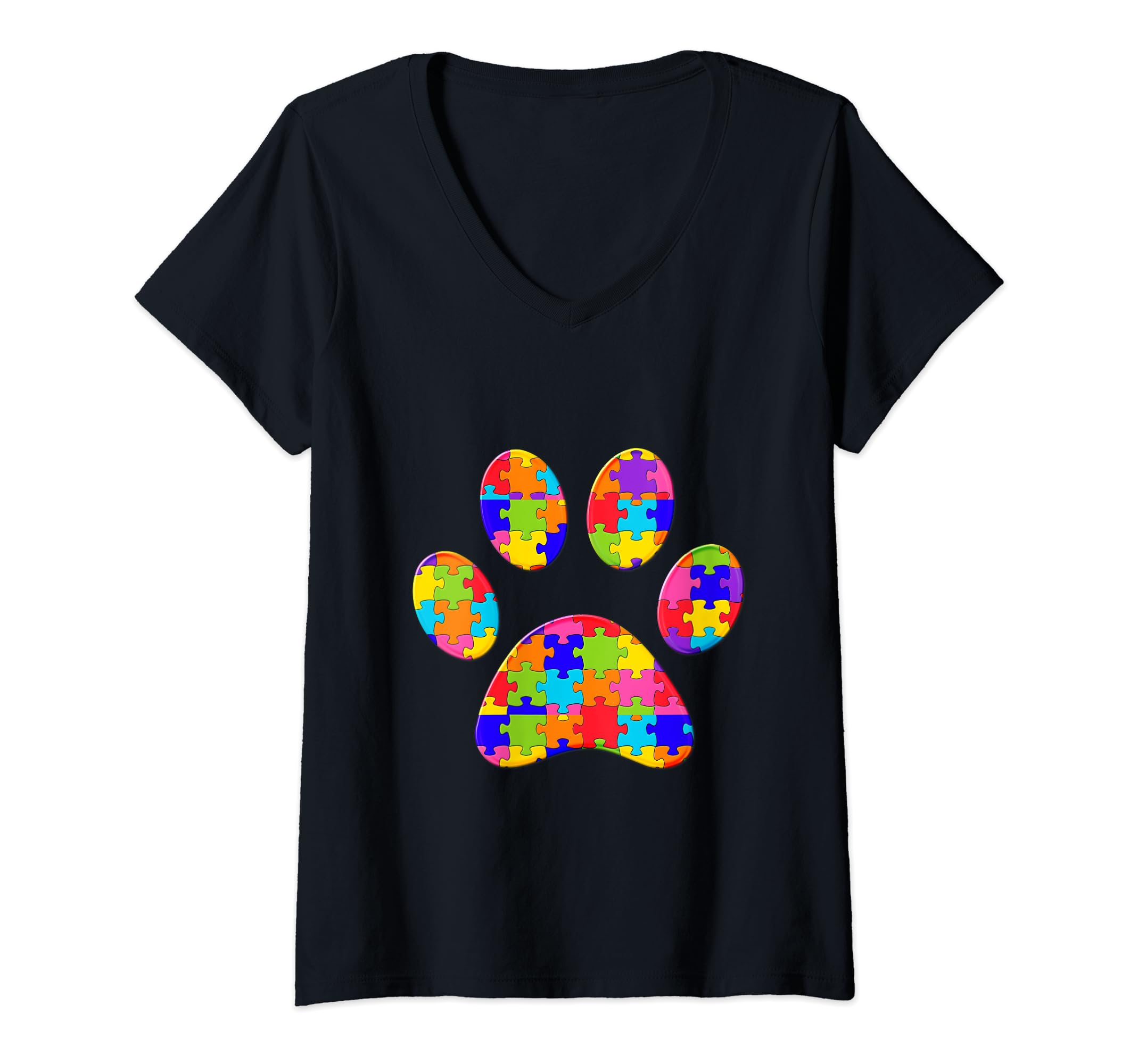 Womens Footprint Paw dog Jigsaw Autism Puzzle V-Neck T-Shirt