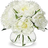 Hollyone Fake Flowers White Peonies Artificial Flowers Faux Flowers with Vase Peony Silk Flower Arrangements in Glass Vase with Faux Water for Home Decor Bathroom Table Centerpiece Shelf Decorations