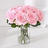 BLEUM CADE Luxury PU Fake Flowers in Vase with Faux Water, Pink Real Touch Roses Artificial Flowers with Glass Vase for Office Home Dining Room Centerpiece Table Decorations