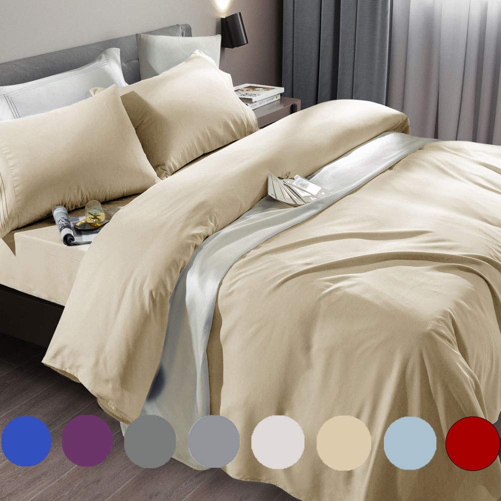 SONORO KATE Bed Sheet Set Super Soft Microfiber 1800 Thread Count Luxury Egyptian Sheets Fit 18 - 24 Inch Deep Pocket Mattress Wrinkle-6 Piece (Beige, Queen)