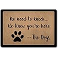 Funny Welcome Monogram Doormats for Entrance Way Indoor No Need to Knock We Know You're Here Cute Dogs Personalized Kitchen Rugs and Mats with Anti-Slip Rubber Back Novelty Gift Mat(23.7 X 15.9 in)