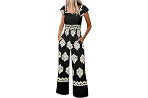 Generic Summer Jumpsuits for Women Dressy Casual Rompers Smocked Boho Wide Leg Overalls Trendy Jumpers for Beach Vacation