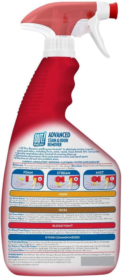 OUT! PetCare Advanced Stain and Odor Remover | Pro-Bacteria and Enzyme Formula for Tough Stains and Odor | 32 oz (Pack of 2) : Pet Supplies
