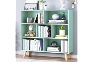 IOTXY Wooden Open Shelf Bookcase - 3-Tier Floor Standing Display Cabinet Rack with Legs, 7 Cubes Bookshelf, Tiffany-Green