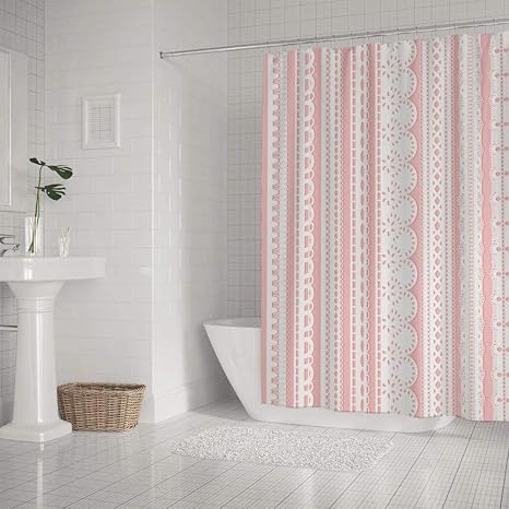 Amazon Com Kuizee Shower Curtain Waterproof White Lace Ribbons Pink Girly Background Bath Curtains Polyester Decor Bathroom 72 72inch Water Repellent Bath Curtain Easy Install Home Kitchen