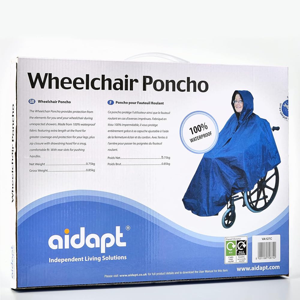Aidapt Waterproof Wheelchair Poncho Full Weather Protection, Showers, Rain, Cold, Drawstring Hood, Elasticated Cuffs, Universal Sizing,Mobility,Elderly,Cape,Scooter,Coverall,Disability,Navy Blue