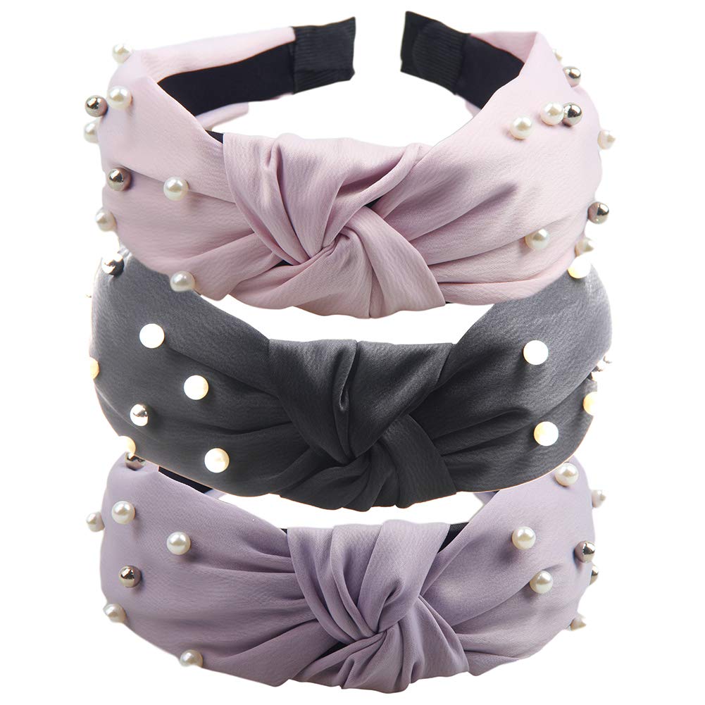 3 Pack Pearl Headband Fashion Knotted Headbands Wide Hair Hoop Elastic Knot Head Bands Hair Accessories for Women and Teen Girls