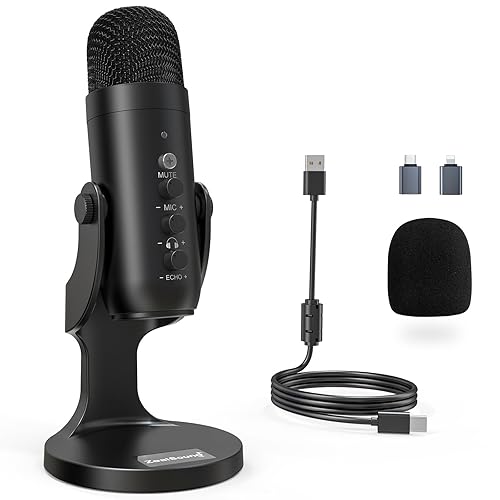 ZealSound USB Microphone,Condenser Computer PC Mic,Plug&Play Gaming  Microphones for PS Output&Volume Control,Mic Gain  Control,Mute