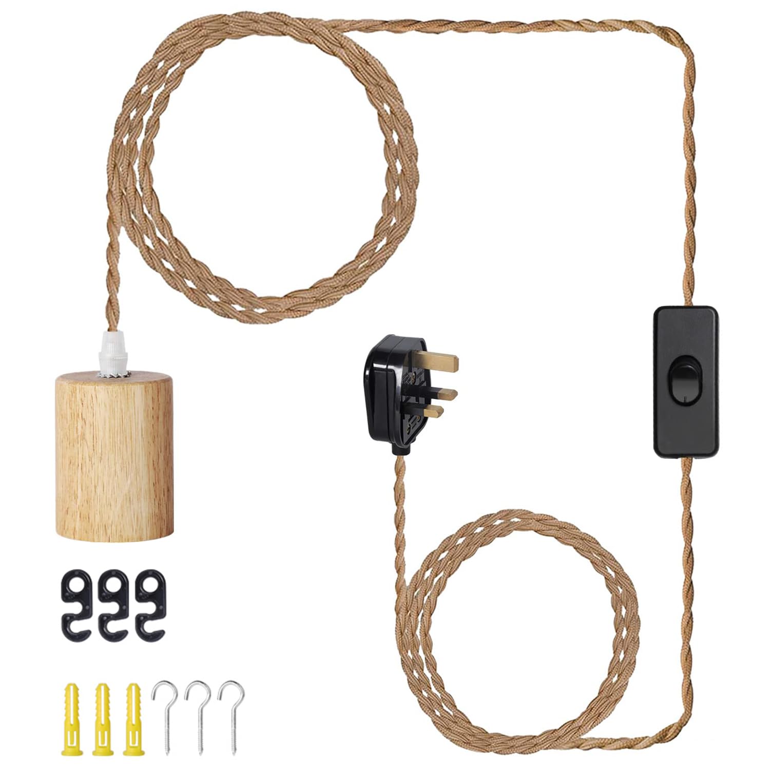 Wood Pendant Light Cord Kit with Switch, 15FT Vintage Industrial Hanging Light Plug in Pendant Lamp Cord with Twisted Nylon Rope E26 E27 Socket for Farmhouse Home DIY — image 1