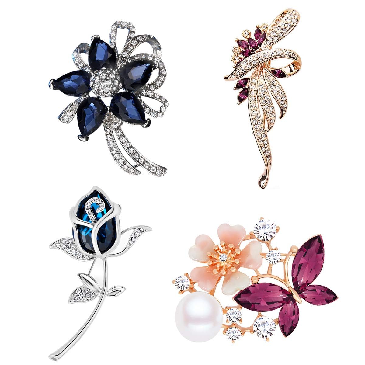 Mecool Brooch Pin Set for Women and Girls Shiny Flower Brooch with Created Crystal for Wedding,Party (4pcs)