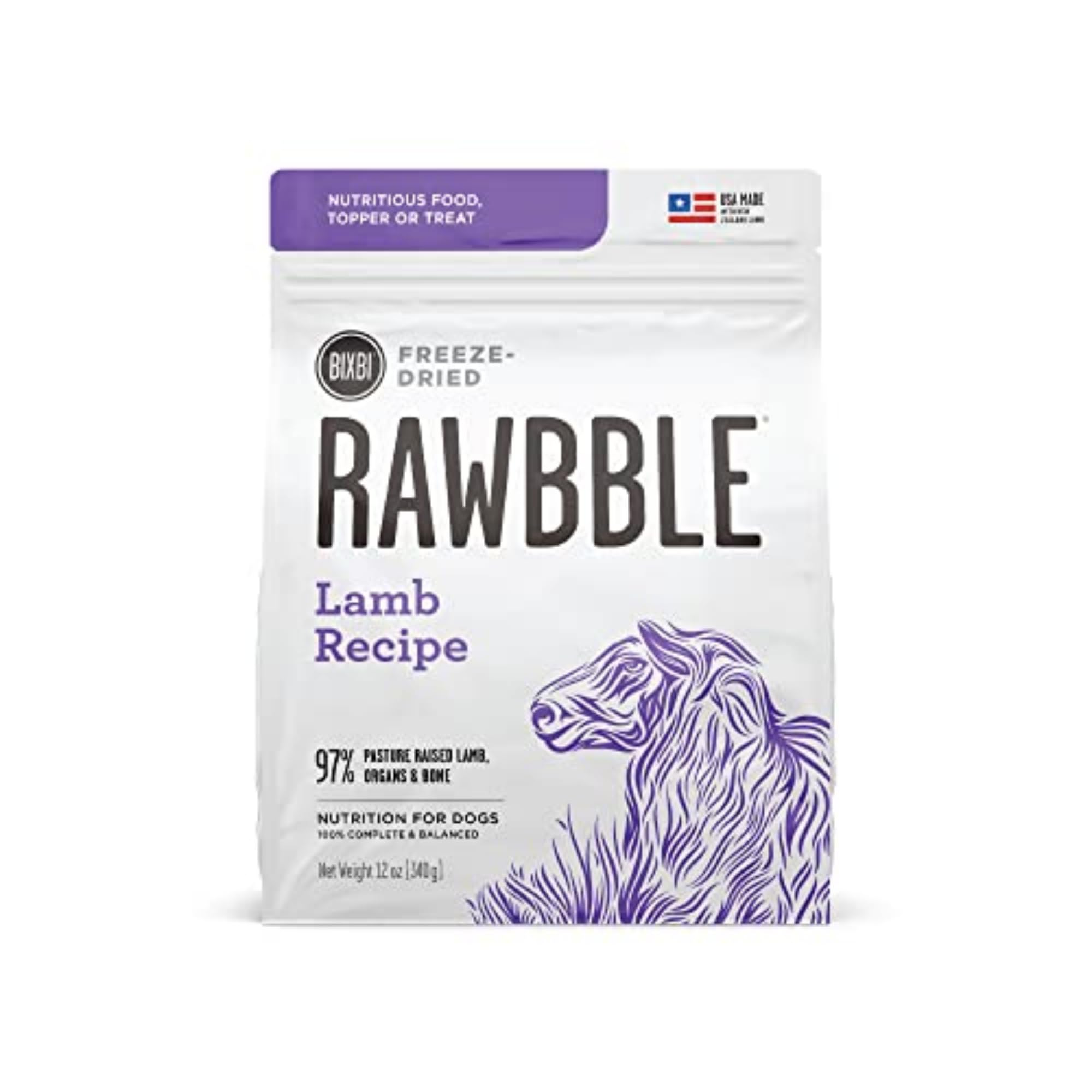 BIXBI Rawbble Freeze Dried Dog Food, Lamb Recipe, 12 oz - 97% Meat and Organs, No Fillers - Pantry-Friendly Raw Dog Food for Meal, Treat or Food Topper - USA Made in Small Batches Image