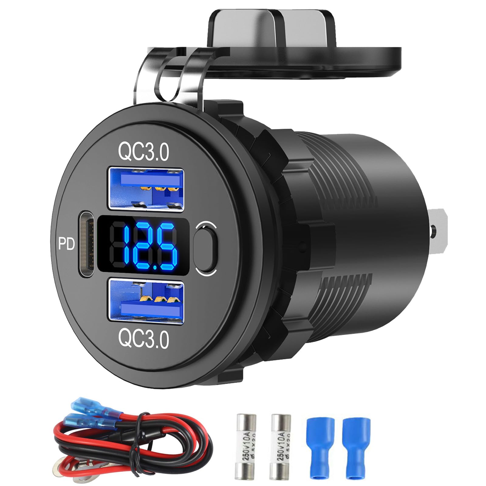 Photo 1 of 12V USB C Outlet Marine USB Charging Port for Car, Dual Quick Charge 3.0 & PD 3.0 Car Charger Socket with Button Switch and Voltmeter, Cigarette Lighter Replacement DIY Kit for 12V/24V Vehicles