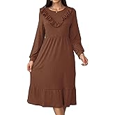Jayscreate Women's Delicate V-Flounce Ruffle Church Dress Pocket Long Sleeve 2025 Spring Fall A-Line Midi Long Dress
