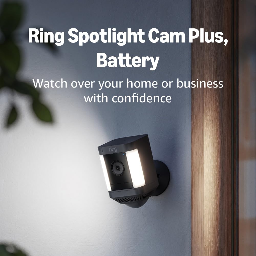 Ring Spotlight Cam Plus, Battery (newest model), Home or business security with HD video, Two-Way Talk, Color Night Vision, and Security Siren, Black
