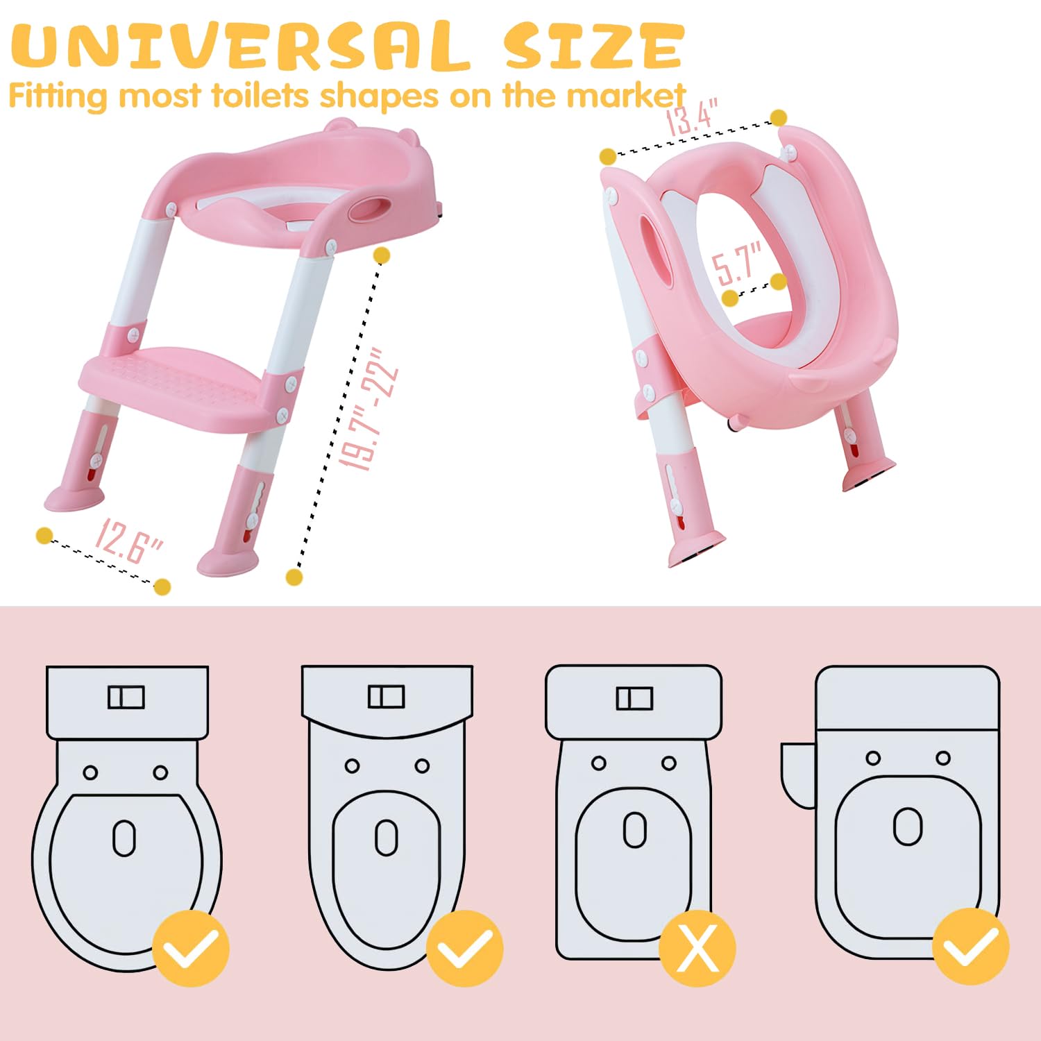 Potty Training Toilet Chair Seat with Step Stool Ladder for Kids and Toddler Boys Girls - Foldable Height Adjustable Children Toilet Training Seat with Safe Handles & Anti-Slip Pads, White-Pink