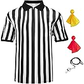 4 Pcs Men's Official Referee Costume Set Zipper Ref Shirt Stainless Whistle with Lanyard Red & Yellow Penalty Flag