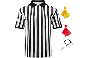 VKT 4 Pcs Men's Official Referee Costume Set Zipper Ref Shirt Stainless Whistle with Lanyard Red & Yellow Penalty Flag