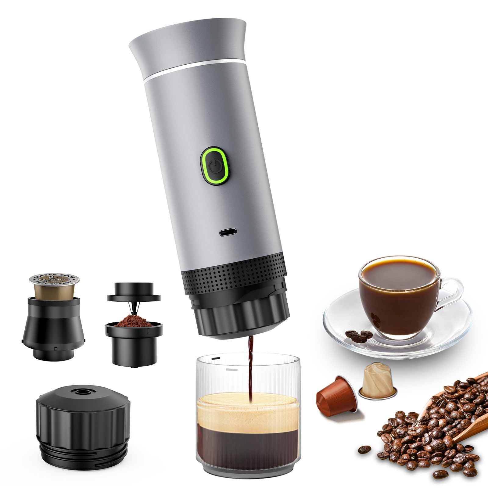 Photo 1 of Portable Espresso Maker, Travel Coffee Maker for camping, Portable Espresso Machine with USB-C, 3-in-1 Small Espresso Machine with Ground Coffee & Capsules (NS?DG) for RV, Hiking, Office (Silver)