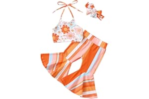 Baby Girl Summer Clothes Sleeveless Flower Halter Tunic Top + Stripe Flare Pants + Bow Headband