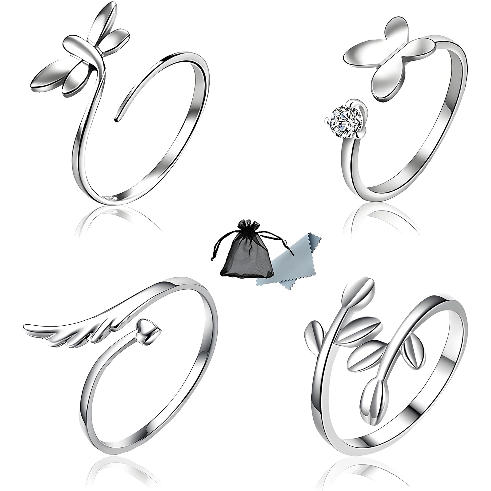 SwirlColor Silver Rings for Women, Open Adjustable Ring Wing Dragonfly Leaf Butterfly Ring 4pcs, with Jewelry Box 1pcs