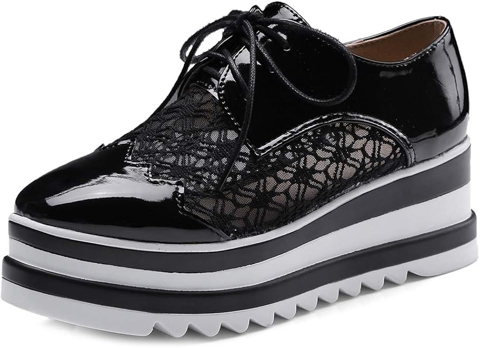MIOKE Women's Wedge Platform Oxford Shoes Square Toe Wingtip Lace Up Patent Leather Chunky Heel