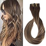 Full Shine 18 inch 9Pcs 120gram Double Weft Clip in Human Hair Extensions Balayage Ombre Remy Hair Color #4 Medium Brown Fading to #24 Highlighted Color #4 Extensions Clip