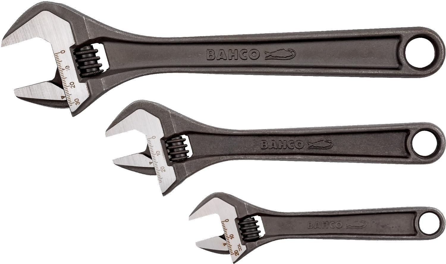 Bahco BHADJUST 3 ADJ3 Set of 3 Adjustable Wrenches (8070/8071 / 8072), Grey, 16 degree head angle