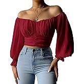 MIRACMODA Womens Elegant Off The Shoulder Puff Sleeve Blouse Summer Chiffon Slim Fit Party Crop Top