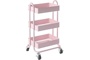 Elitehouse 3-Tier Utility Rolling Cart,Kitchen Storage Carts with Wheels,Pink Metal Rolling Cart for Office,Home,Kitchen,Garden（13.4"x18.1"x31"） Pink
