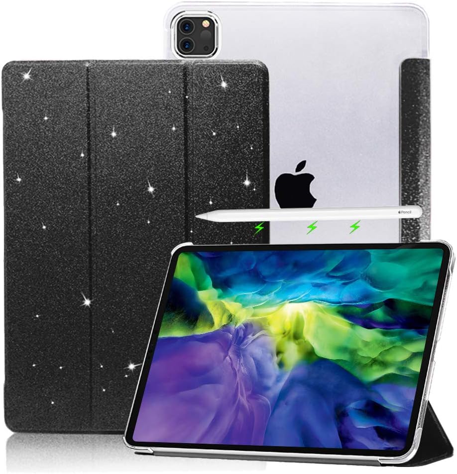CLARKCAS Glitter Case for iPad Pro 11 Inch 2020/2018, [Support Pencil Charging] Girls Sparkly Leather Tri-Fold Slim Transparent Back Protective Auto Sleep Cover for iPad Pro 11'' 2nd/1st Gen, Black