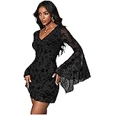 WDIRARA Women's Vintage Floral Print V Neck Dress Mesh Split Ruffle Long Bell Sleeve Dresses