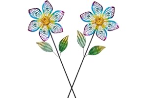 Venniy Wind Spinner with Metal Stake, Outdoor Garden Pinwheels Spinners Hollow-Out Flower Shape Design for Yard Lawn Patio Decor (2 Pack)