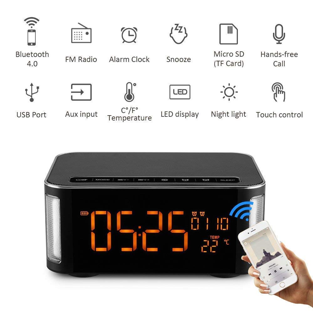 Portable Bluetooth Speaker,XPLUS 4.2 Outdoor/Indoor Stereo Hi-Fi Speaker with Led,FM,Hands-Free Phone Calling,Two Passive Subwoofers,Time,Temperature,Two Alarm Clock,Great for Party,Traveling