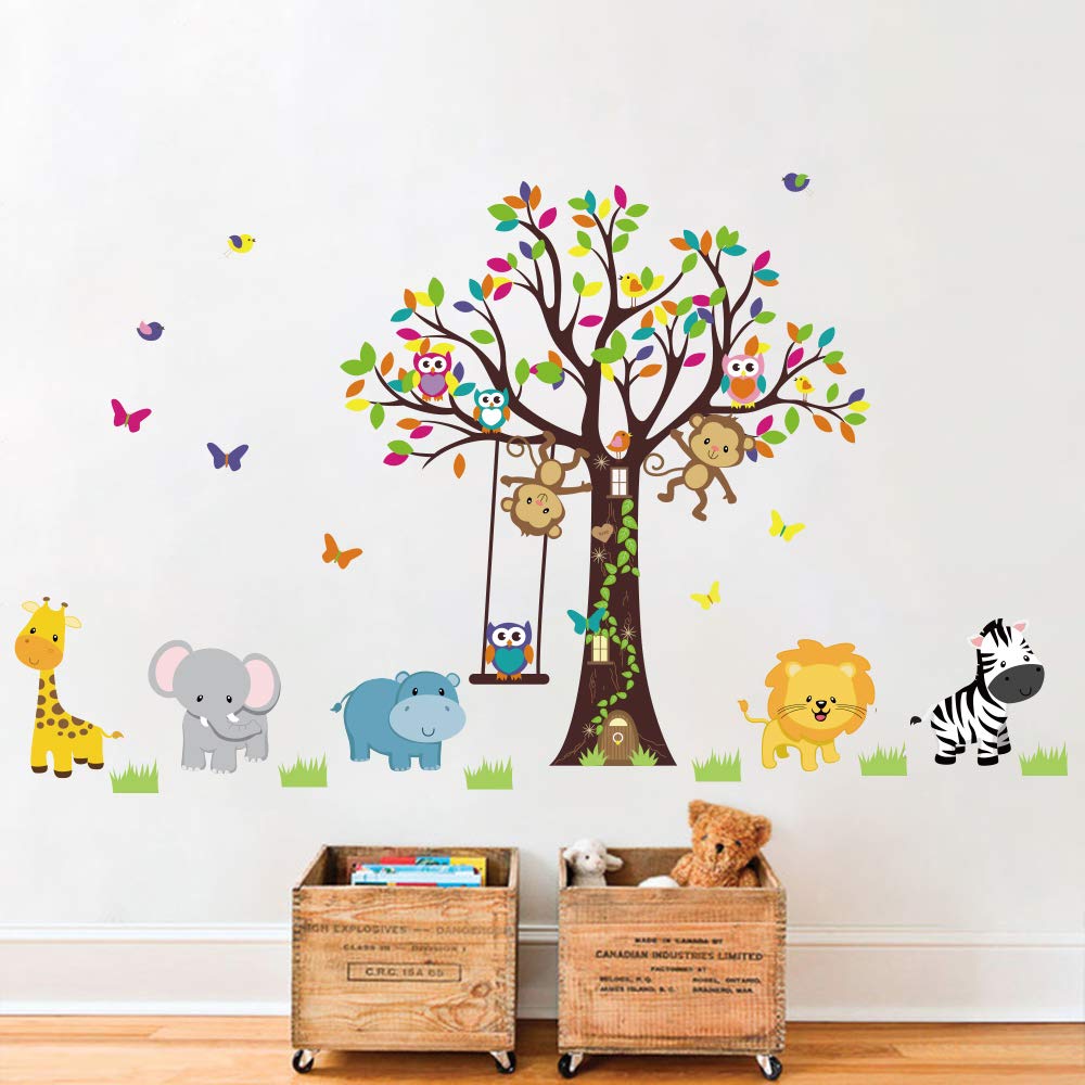 Runtoo Animals Tree Wall Decals Monkey Giraffe Elephant Wall Art Stickers for Kids Bedroom Baby Nursery Wall Décor