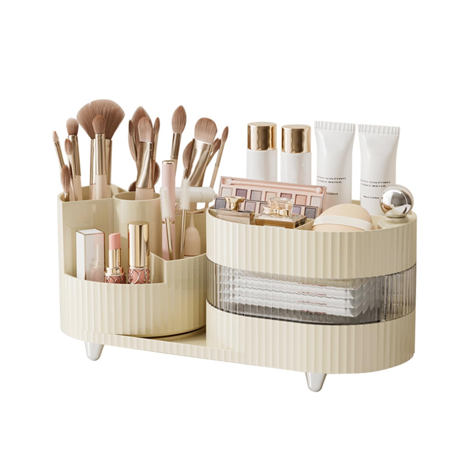 DASITON Makeup Organiser with Drawer, 360° Rotating Makeup Brush Holder, Makeup and Skincare Storage for Vanity, Desktop, Bathroom Countertop, Dressing Table Storage Organiser (Cream 02)