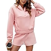FKEEP Womens 2 Piece Sweatsuit Outfits Half Zip Hoodie Sweat with Shorts Pockets Lounge Winter Tracksuit Wear Matching Set