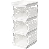 Lifewit Plastic Stackable Storage Baskets, 4 Tier Stacking Bins for Food and Clothes, Multifunctional Organizer for RV, Kitchen, Playroom, Pantry and Bathroom, 13.8"D x 11.8"W x 28.3"H, 1 Pack, White