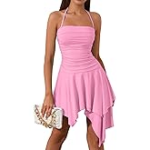 EYNMIN Women's Summer Mini Dress Bodycon Ruched Backless Halter Flowy Ruffle Party Club Short Dresses