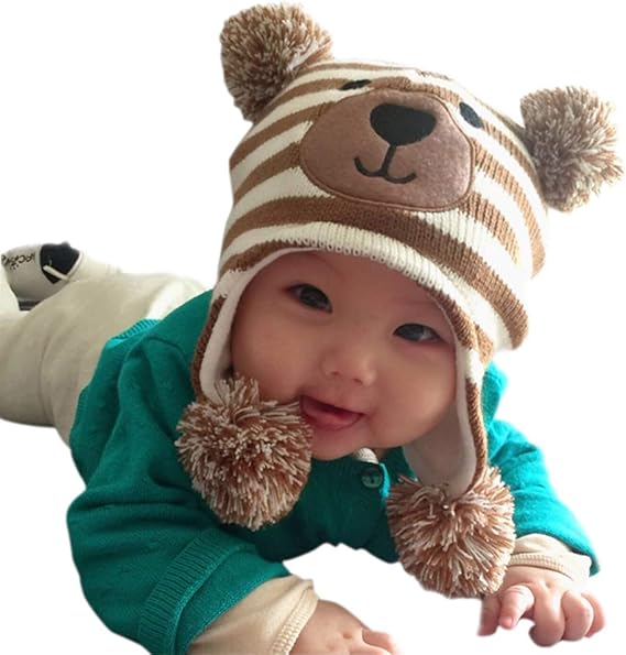 Amazon Co Jp 赤ちゃん 帽子 くま ベビー ニット帽 男の子 耳付き帽子 子供 ぼうし 防寒 女の子 暖かい 手編み 耳保護 ポンポン ニット帽子 かわいい 秋冬 ブラウン 2 3歳 服 ファッション小物