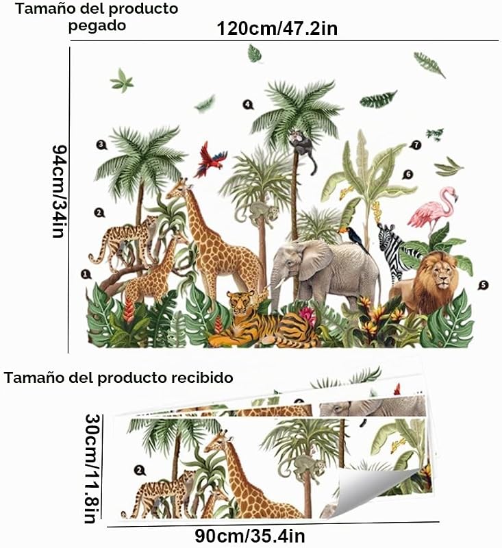 Pegatinas Pared Decorativas Infantiles Pegatinas de Pared Animales de la Selva Tropical Vinilos Adhesivos Árbol Jirafa Elefante León Tigre Murales Adhesivos Habitación Infantiles Niño Bebé