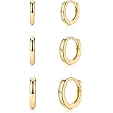 Small Cartilage Hoop Earrings for Women Men, 3 Pairs Hypoallergenic Sterling Silver Post Huggie Earrings, 8/10/12mm, Silver/Gold/Black