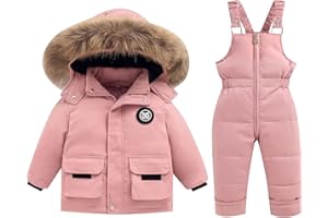 Kids 2 Piece Snowsuit Set Toddler Boy Girl Winter Padded Hooded Puffer Jacket & Snow Bib Pants Thickened Ski Suits